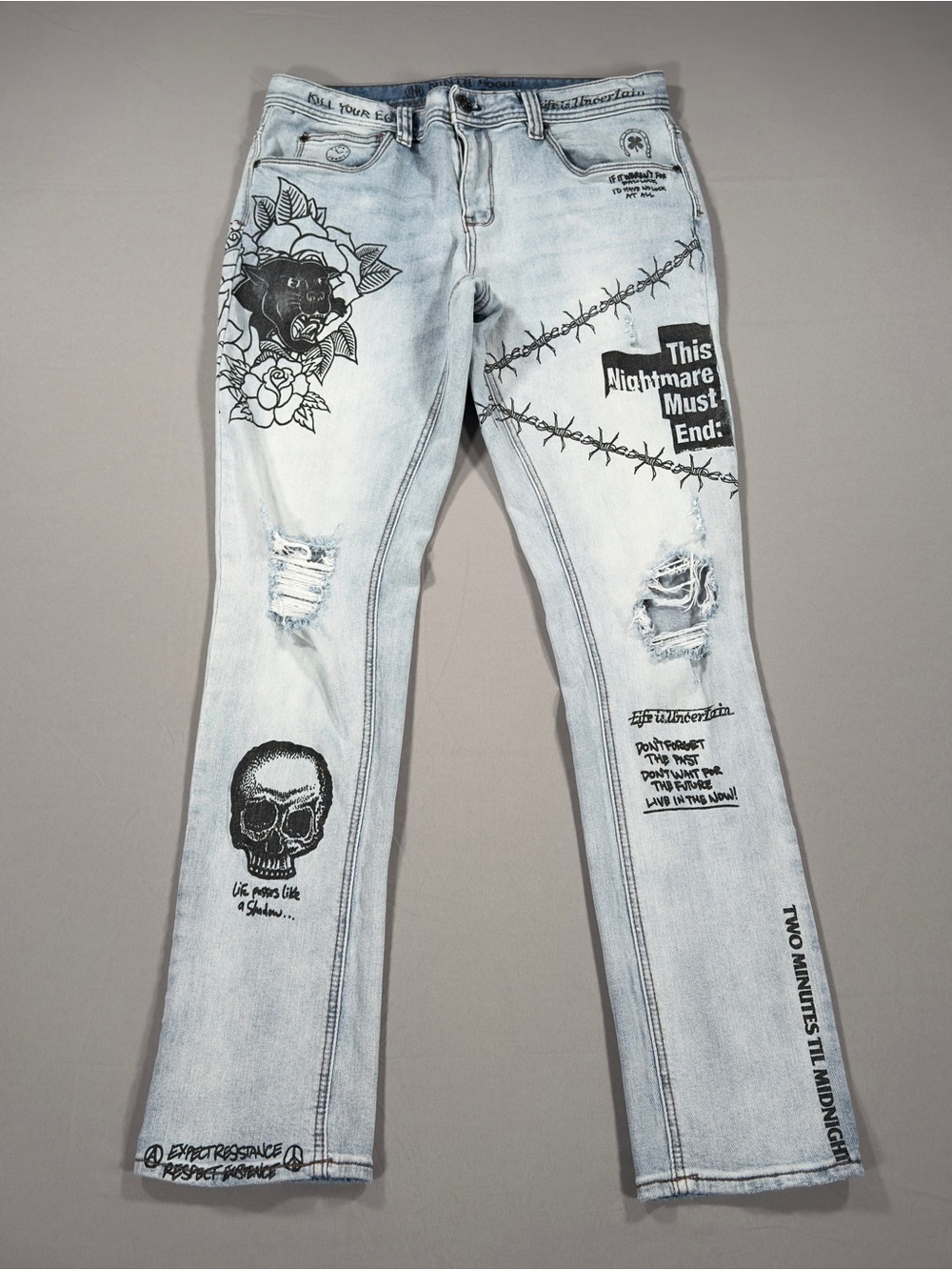 Ninth Hall Rogue Slim Fit Jeans Mens 34x33 Light Wash Tattoo Graphic Punk
